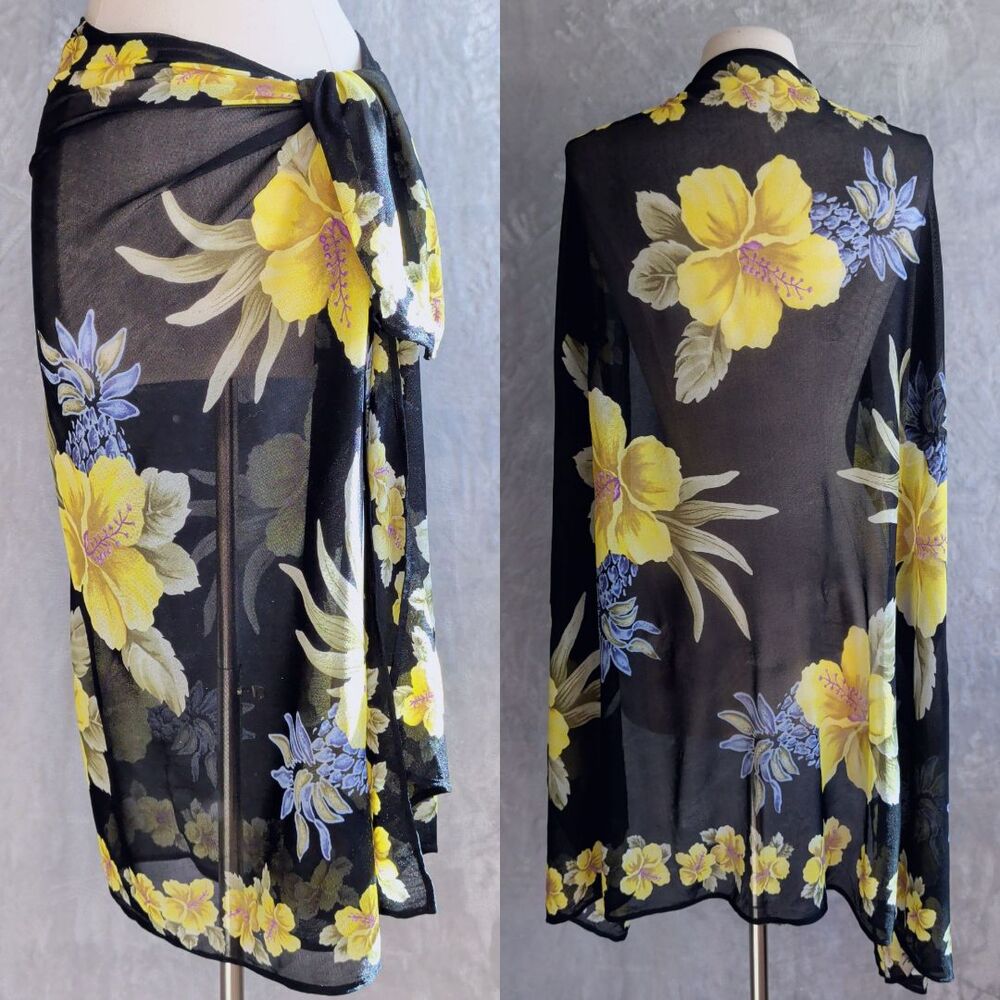 TOMMY BAHAHA Black Mesh Tropical Floral Beach Cover Up 58"x36" Swim Wrap Nylon